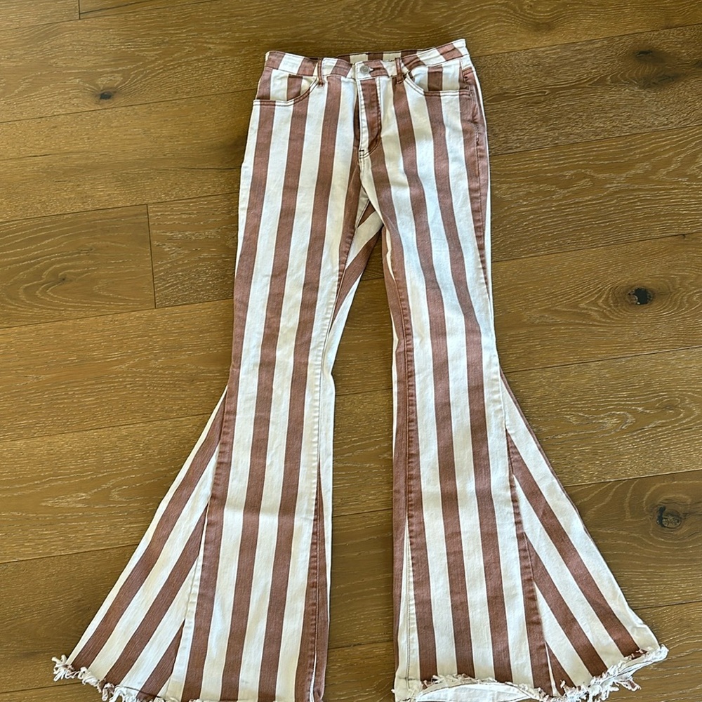 Altered State high rise, flare, jeans, brown, and white stripes size medium